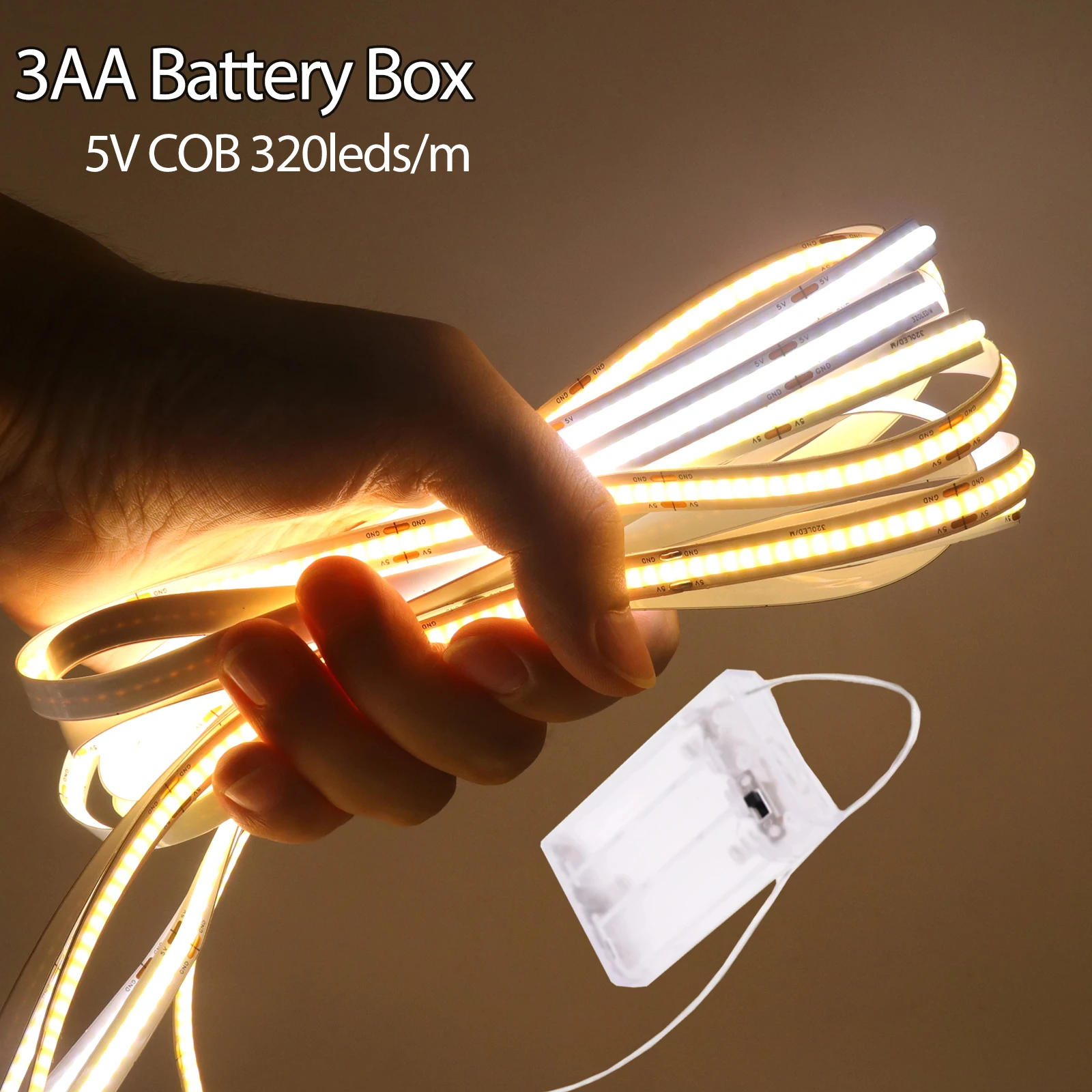 3AA صندوق بطارية 5 فولت COB Led قطاع 8 مللي متر 320 المصابيح/م الدافئة الطبيعية كول الأبيض مرنة COB قطاع ضوء لخزانة غرفة النوم إضاءة خلفية للتلفاز