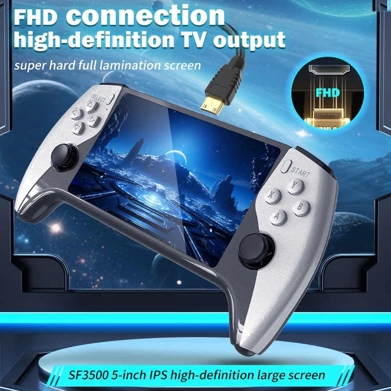 وحدة تحكم ألعاب محمولة متعددة الوظائف مقاس 5 بوصات IPS HD ريترو SF3500 تدعم نظام متعدد مع منفذ FHD ونواة مزدوجة، وقابلة للتوسيع 256 جيجابايت