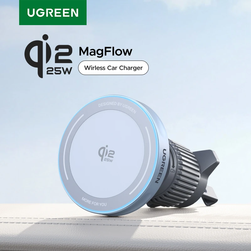 شاحن سيارة مغناطيسي لاسلكي من UGREEN بتقنية Qi2.2 بقوة 25 واط و15 واط، حامل هاتف للسيارة لأجهزة آيفون 17 و16 برو ماكس، شاحن سيارة مغناطيسي.