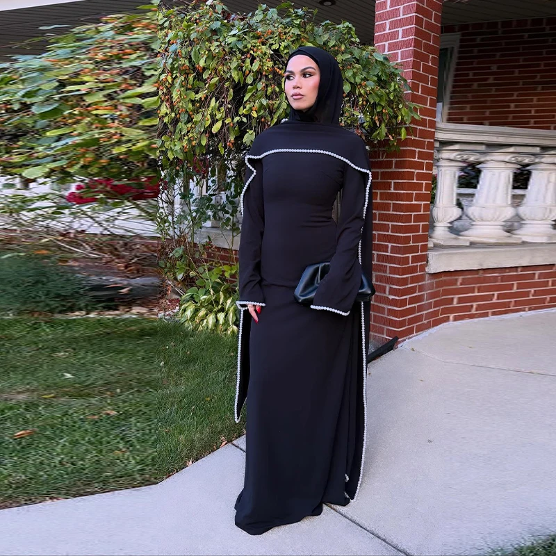 فستان ماكسي أبيض مزين باللؤلؤ للنساء، أنيق بأكمام طويلة وخصر ضيق، عباءة إسلامية لربيع 2026، فساتين نسائية للعيد