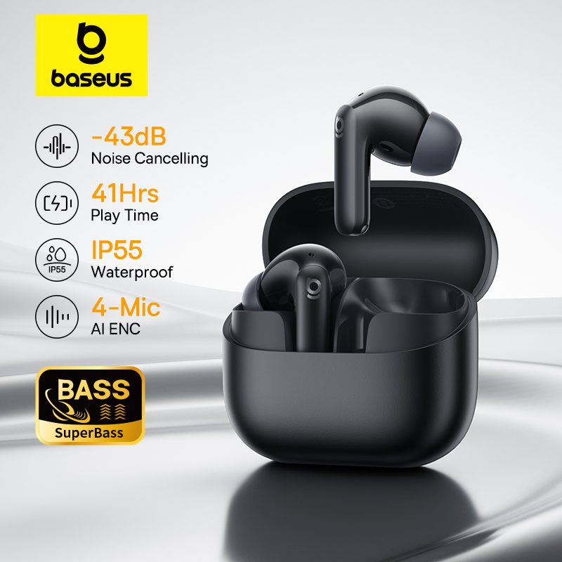 Baseus Bass EP10 NC -43dB إلغاء الضوضاء ANC سماعات أذن لاسلكية حقيقية بلوتوث 6.0 سماعات أذن لاسلكية 4 ميكروفونات ENC سماعات أذن