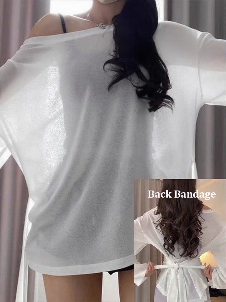 تي شيرت نسائي شفاف بأكمام طويلة وتصميم فضفاض، بلوزة مثيرة برباط خلفي مكشوف الأكتاف، تي شيرت أساسي طويل للسيدات بتصميم كوري أنيق وجديد.