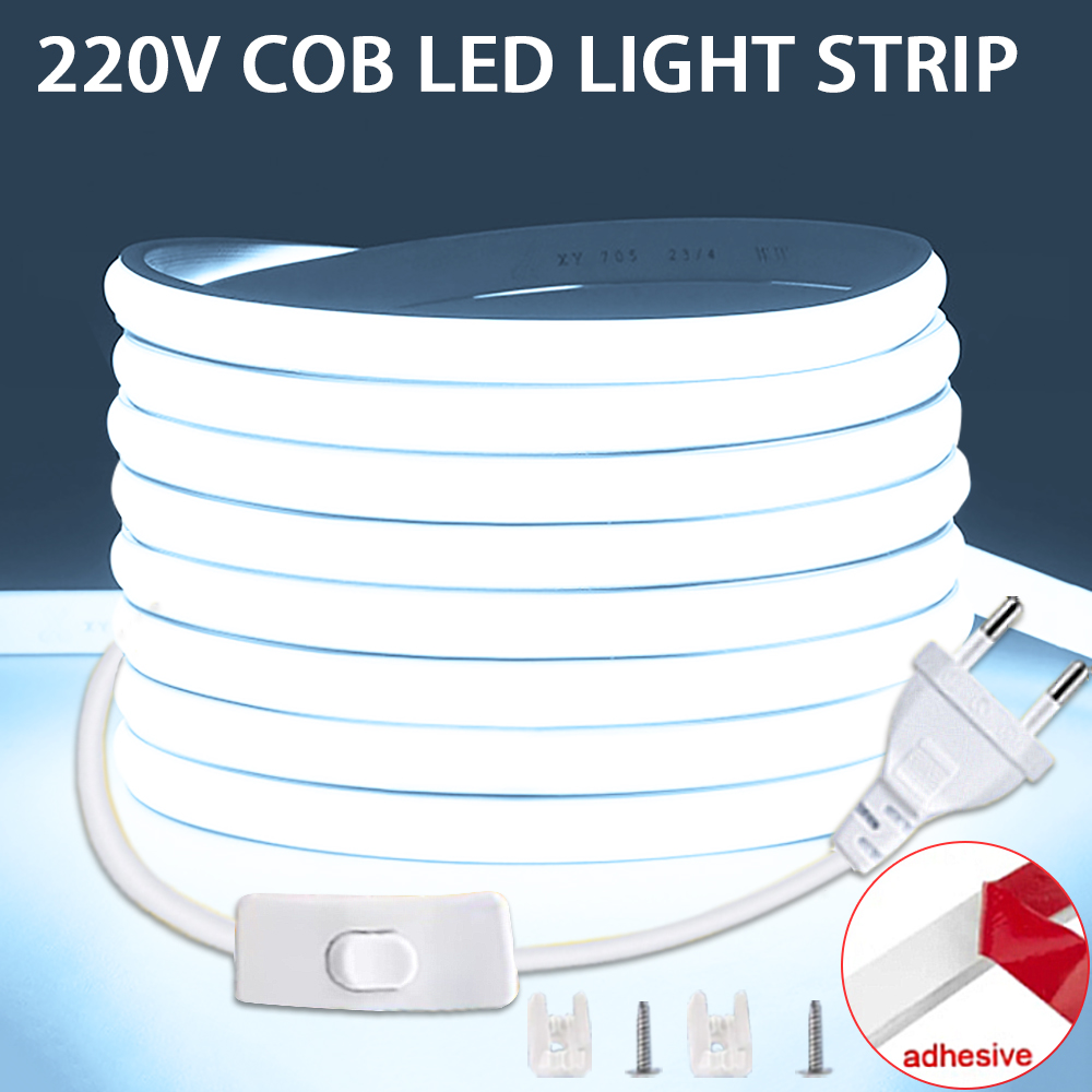 COB LED قطاع 220 فولت التبديل تشغيل/إيقاف مع الاتحاد الأوروبي التوصيل 220 فولت LED قطاع أضواء شريط مصباح مرن للمطبخ ديكور غرفة المنزل
