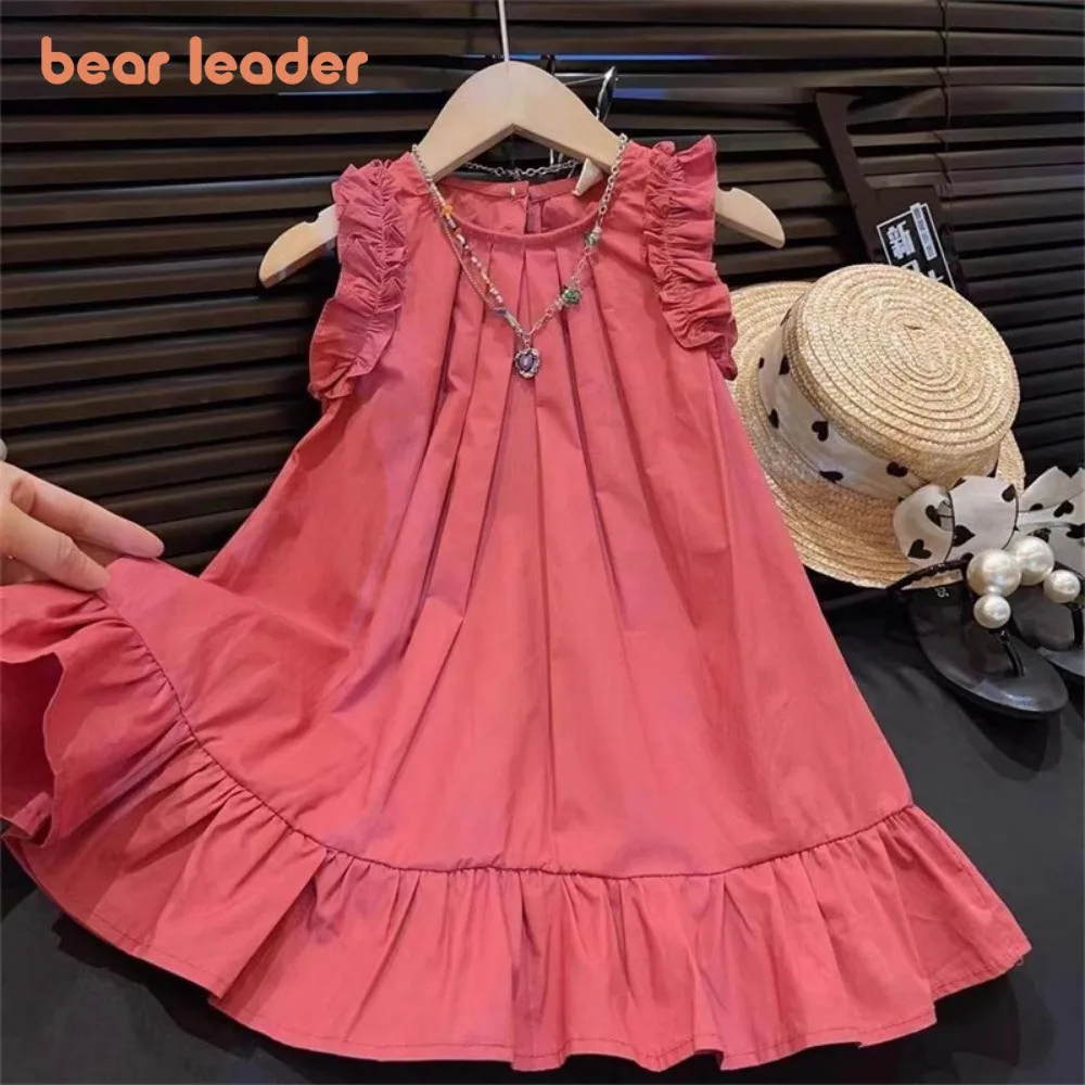 فستان Bera Leader النسخة الكورية بدون أكمام مطوي بلون سادة ورقبة مستديرة ملابس أطفال فساتين أطفال صيفية لملابس الفتيات