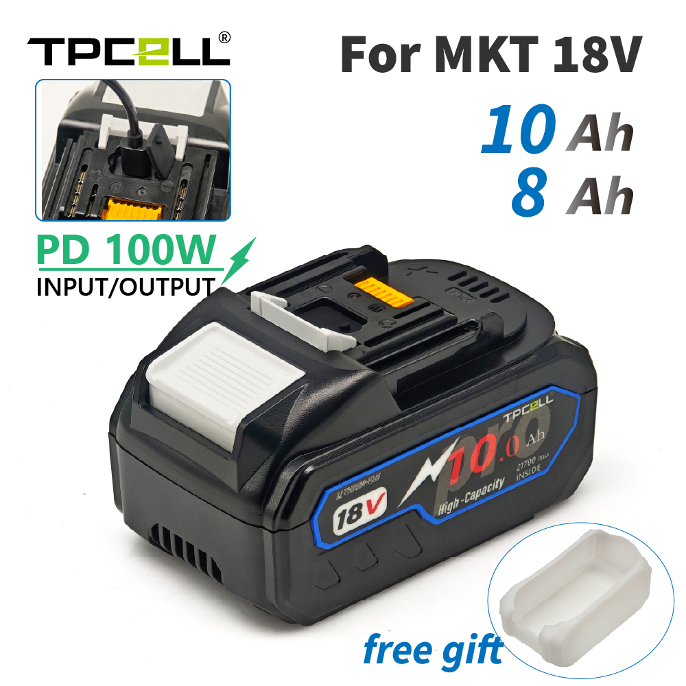 بطارية TPCELL الجديدة PD100W 8Ah/10Ah لـ MAKITA 18V مع موصل USB-C، بطارية بديلة 21700 خلايا بدون أطراف لأدوات الطاقة ليثيوم أيون.