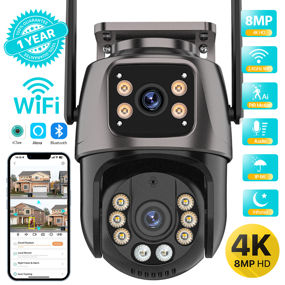 4K 8MP HD واي فاي كاميرا متحركة في الهواء الطلق 4MP عدسة مزدوجة شاشة مزدوجة AI السيارات تتبع كاميرا IP CCTV الصوت والفيديو مراقبة P2P iCSee