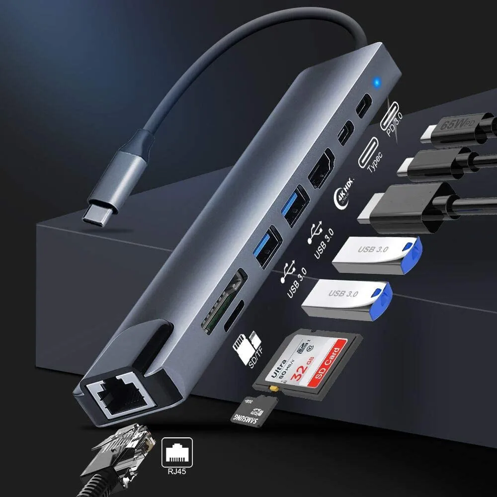 USB 3.0 Hub لأجهزة الكمبيوتر المحمول محول جهاز كمبيوتر شخصي PD جهاز شحن محطة RJ45 HDMI متوافق TF/SD بطاقة دفتر Type-C الفاصل