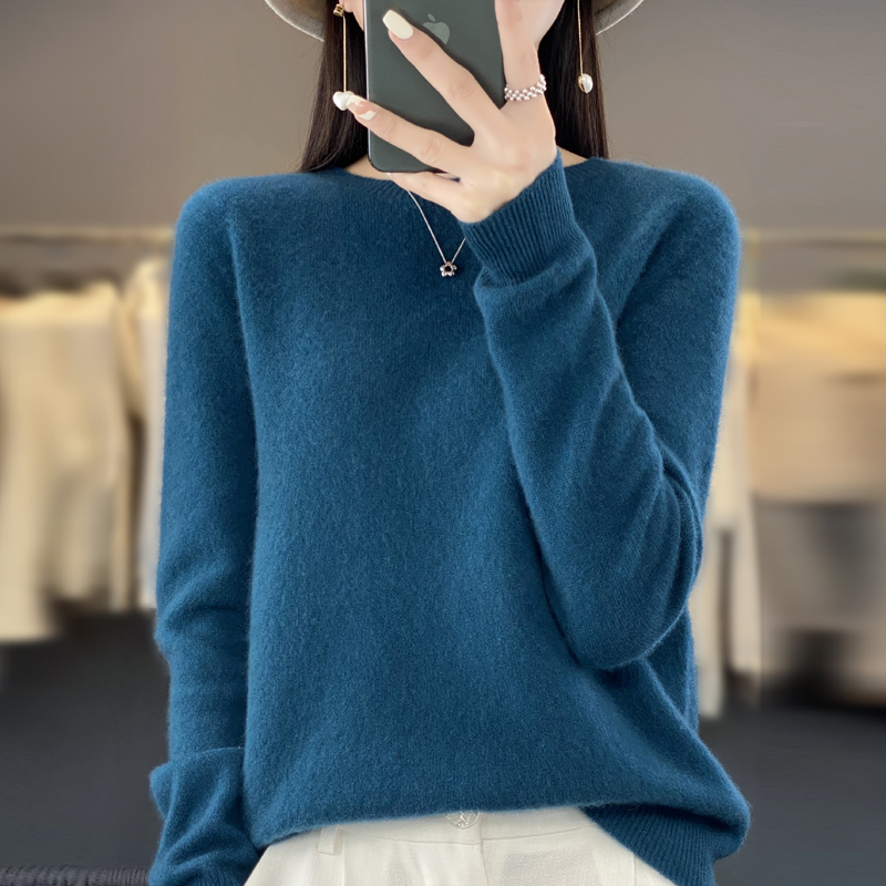 سترة نسائية محبوكة من صوف ميرينو نقي 100% للخريف والشتاء بلوفر برقبة دائرية سترة بدون خياطة ملابس دافئة من الكشمير