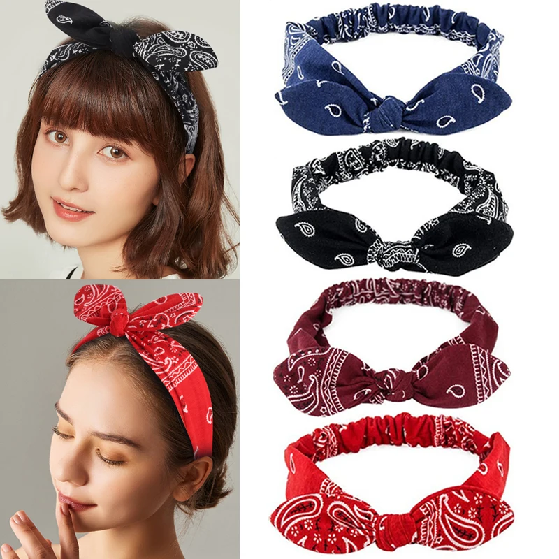 بوهو القوس Headbands للنساء Vintage بيزلي باندانا زهرة مطبوعة Hairband مطاطا أرنب الأذن رئيس التفاف لطيف إكسسوارات الشعر