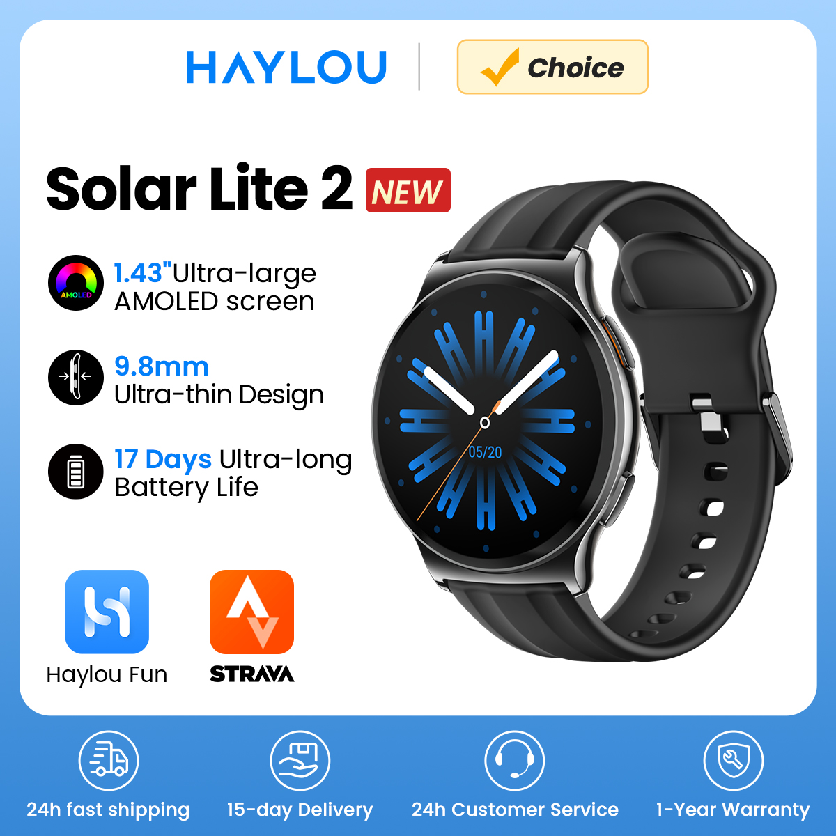 ساعة ذكية HAYLOU Solar Lite 2 بشاشة AMOLED مقاس 1.43 بوصة لمراقبة الصحة 24 ساعة 150+ أوضاع رياضية للمكالمات الصوتية ساعة ذكية 1ATM
