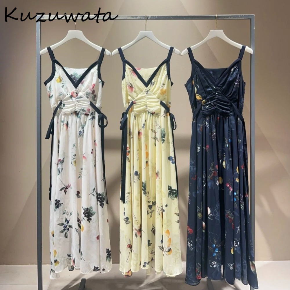 Kuzuwata فاخر أنيق الخامس الرقبة فستان بكتافة طباعة سليم سترة كبيرة سوينغ الدانتيل يصل Ruched بألواح رداء اليابان الفرنسية رائعة Mujer