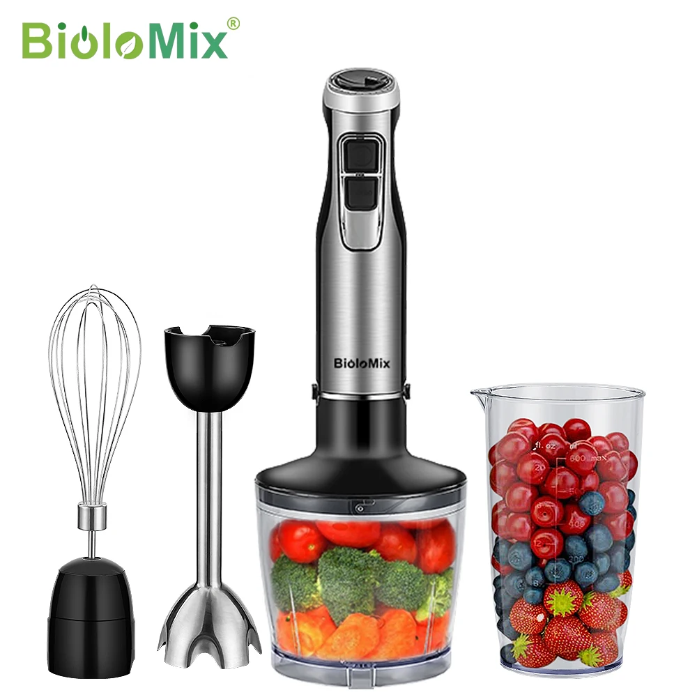 خلاط عصا يدوية للغمر من BioloMix 4 في 1 عالي الطاقة 1200 وات يتضمن مفرمة وكوب عصير شفرات ثلج من الفولاذ المقاوم للصدأ