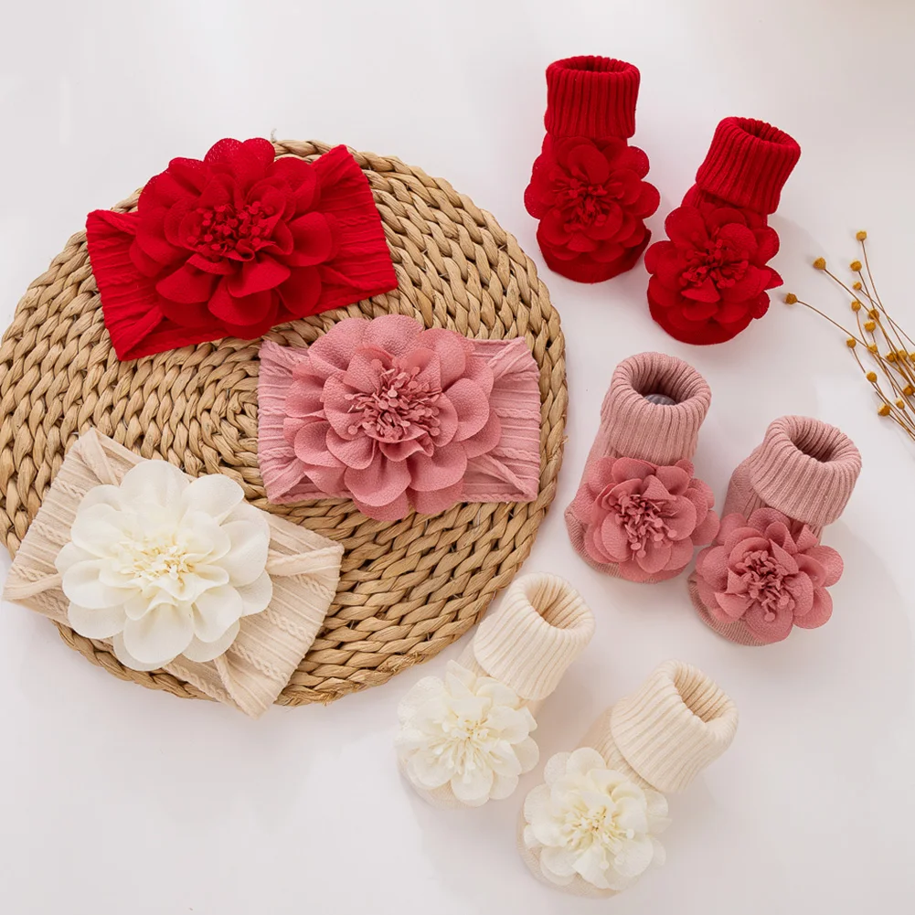 3 قطعة/المجموعة الدانتيل زهرة الطفل Headbands الجوارب القطن عدم الانزلاق خلخال 0-12 متر جوارب واسعة مطاطا العصابات الشعر الرضع التصوير الدعائم