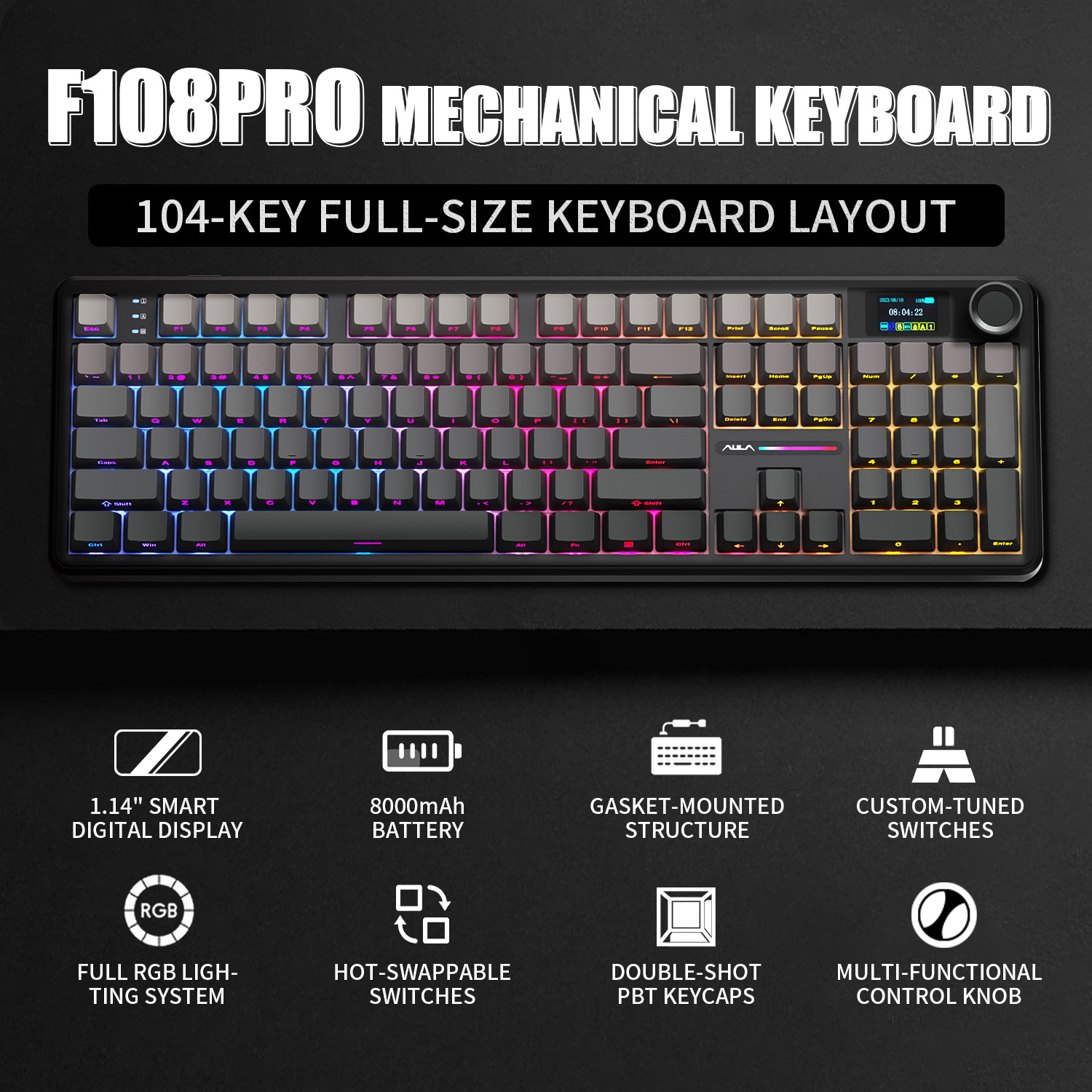 لوحة مفاتيح ميكانيكية AULA F108 PRO مخصصة بتصميم 100% مع إضاءة خلفية RGB لاسلكية بتقنية البلوتوث ومفاتيح هاي فاي للألعاب