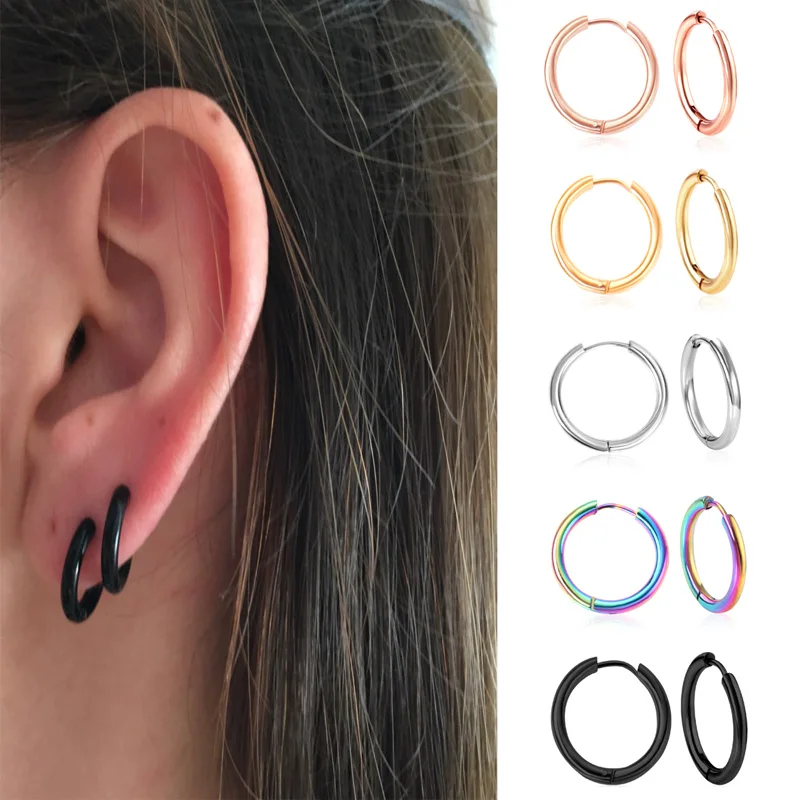 LUXUKISSKIDS هوب أقراط 1 أزواج المضادة للحساسية للمرأة/الرجال Huggie جولة Aretes الصغيرة حلقة الصلب دائرة كليب الكورية