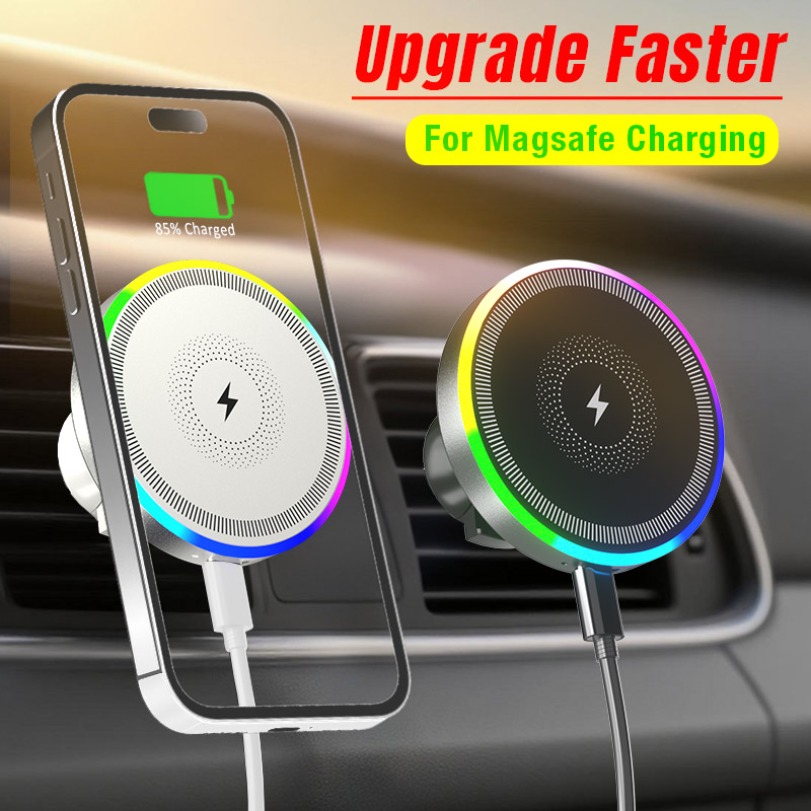 RGB ضوء سيارة المغناطيسي شاحن لاسلكي حامل هاتف تنفيس الهواء حامل ل Magsafe آيفون 16 15 14 13 12 برو ماكس جهاز شحن سريع