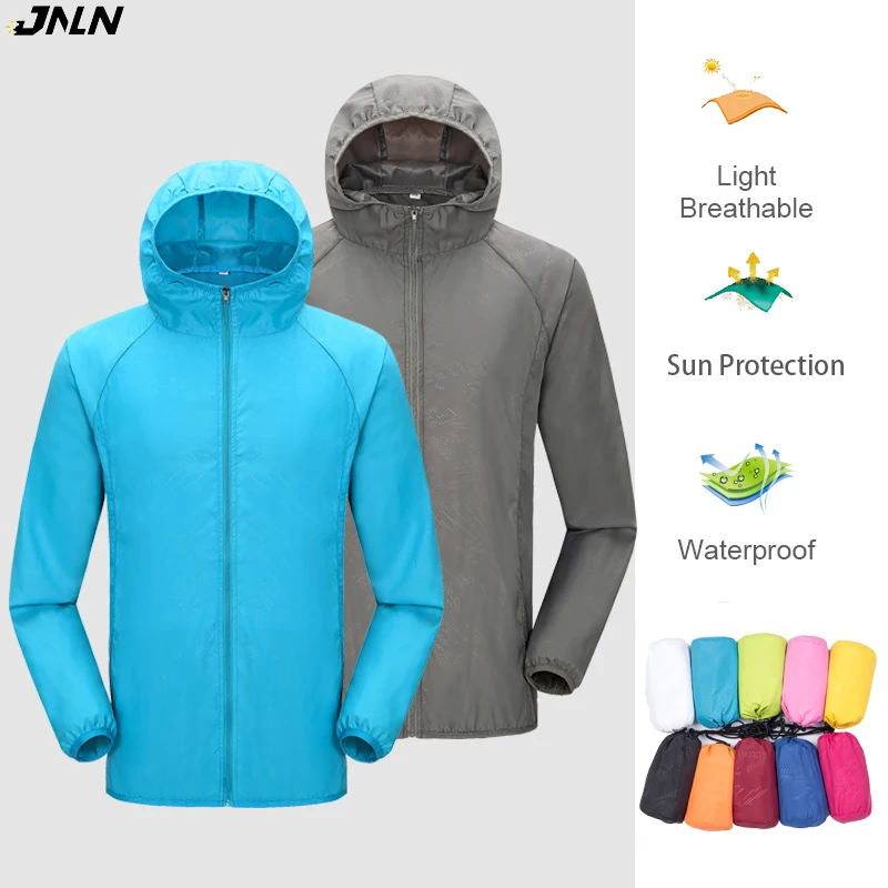 JNLN التخييم سترة المطر الرجال النساء مقاوم للماء ملابس الحماية من الشمس الصيد الصيد الملابس سريعة الجافة سترة واقية مع جيب