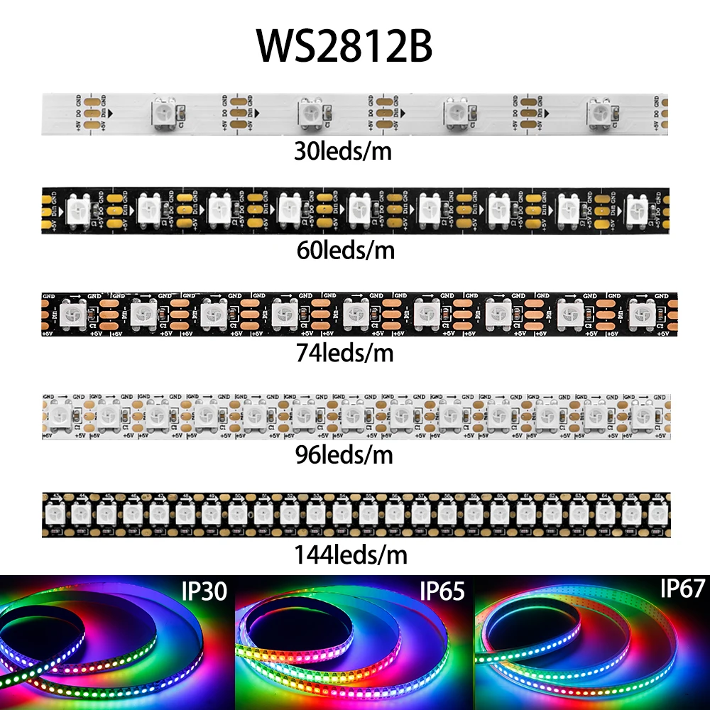DC5V WS2812B WS2812 Led قطاع 30/60/74/96/144 المصابيح/م أسود أبيض PCB RGB بشكل فردي عنونة بكسل مصباح ليد IP30 IP65 IP67