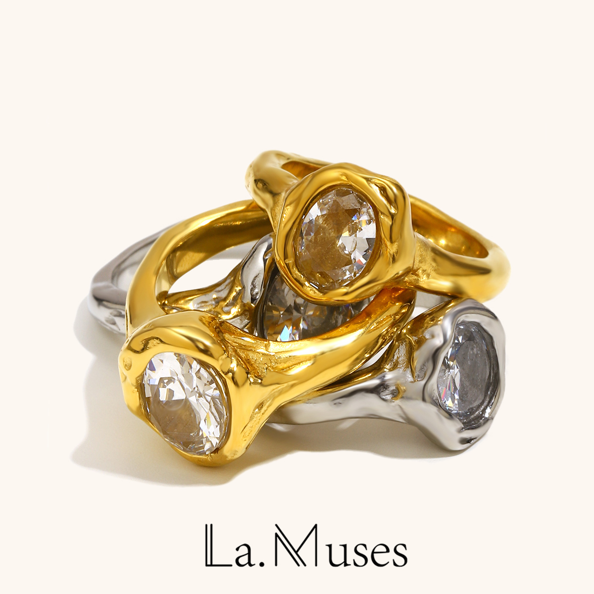 لا. Muses الفاخرة لامعة جولة الزركون غير النظامية الفولاذ المقاوم للصدأ المرأة خاتم PVD مطلية بالذهب الأزياء والمجوهرات والاكسسوارات
