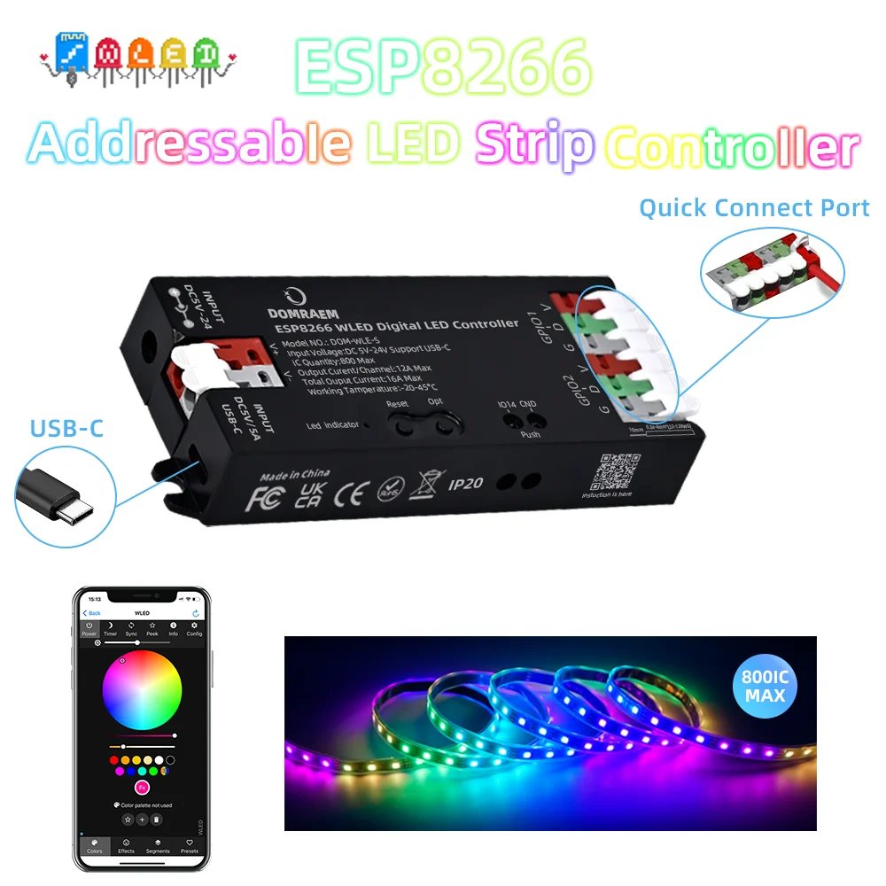 Domraem ESP8266 الرقمية واي فاي LED تحكم USB-C5V DC5-24V قطاع 100 + طرق WLED App WS2811 WS2812 SK6812 TM1814 لتقوم بها بنفسك بكسل ضوء