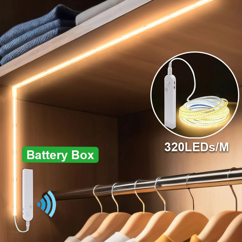 COB LED قطاع ضوء 5 فولت 320 المصابيح/م PIR محس حركة مرنة ذاتية اللصق الشريط بطارية تعمل بالطاقة لإضاءة المطبخ خزانة