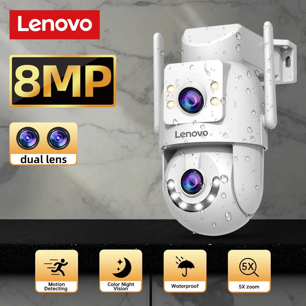 كاميرا أمان خارجية Lenovo 8MP HD مع عدسة مزدوجة وشاشة مزدوجة لتتبع الذكاء الاصطناعي PTZ لحماية مراقبة الرؤية الليلية الملونة