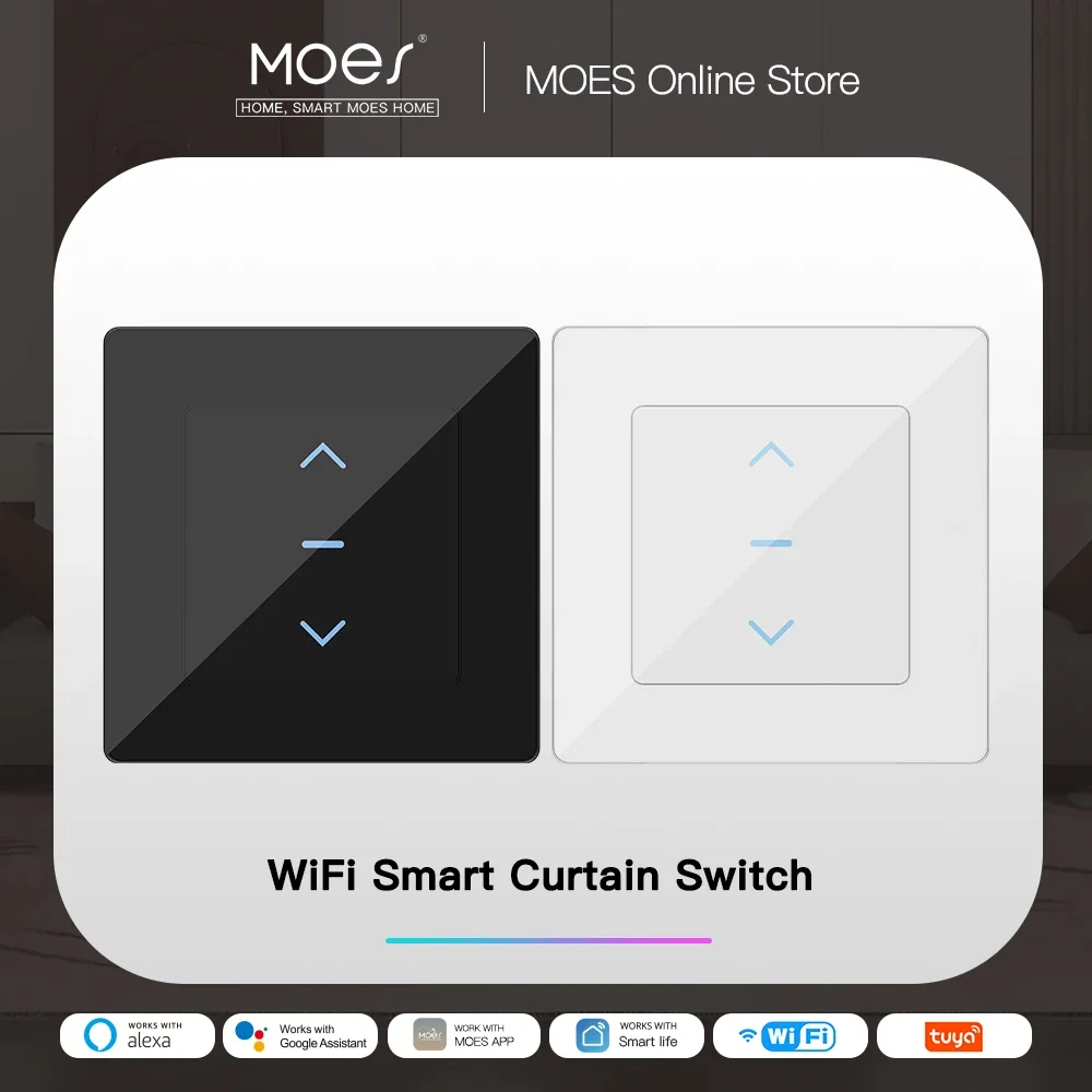 مفتاح ستائر ذكي يعمل بالواي فاي من MOES بتصميم يعمل باللمس للستائر الآلية والستائر الدوارة، متوافق مع تطبيق Tuya Smart Life وأليكسا وجوجل.