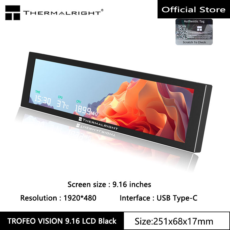 شاشة LCD كاملة الألوان من Thermalright TROFEO VISION LCD IPS، 9.16 بوصة/مغناطيسية/1920*480 دقة/شاشة عرض بمنفذ USB من النوع C