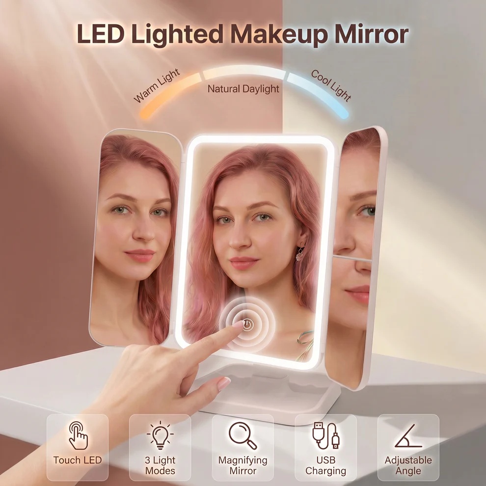 مرآة مكياج LED قابلة لإعادة الشحن مع 3 أوضاع إضاءة وتكبير 2X-3X