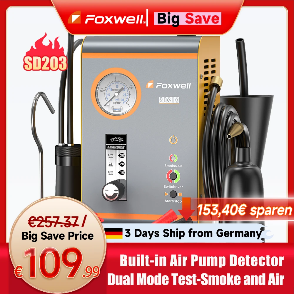 ماكينة دخان السيارات FOXWELL SD203 12 فولت مضخة هواء مدمجة EVAP كاشف تسرب الفراغ اختبار تشخيص تسرب أنابيب السيارة