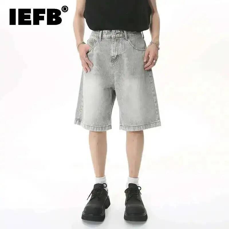 IEFB الصيف الرجال جينز غير رسمي السراويل فضفاضة منتصف عالية الخصر موضة الركبة طول الدنيم سراويل قصيرة Vintage الذكور جديد الكورية 9A8588