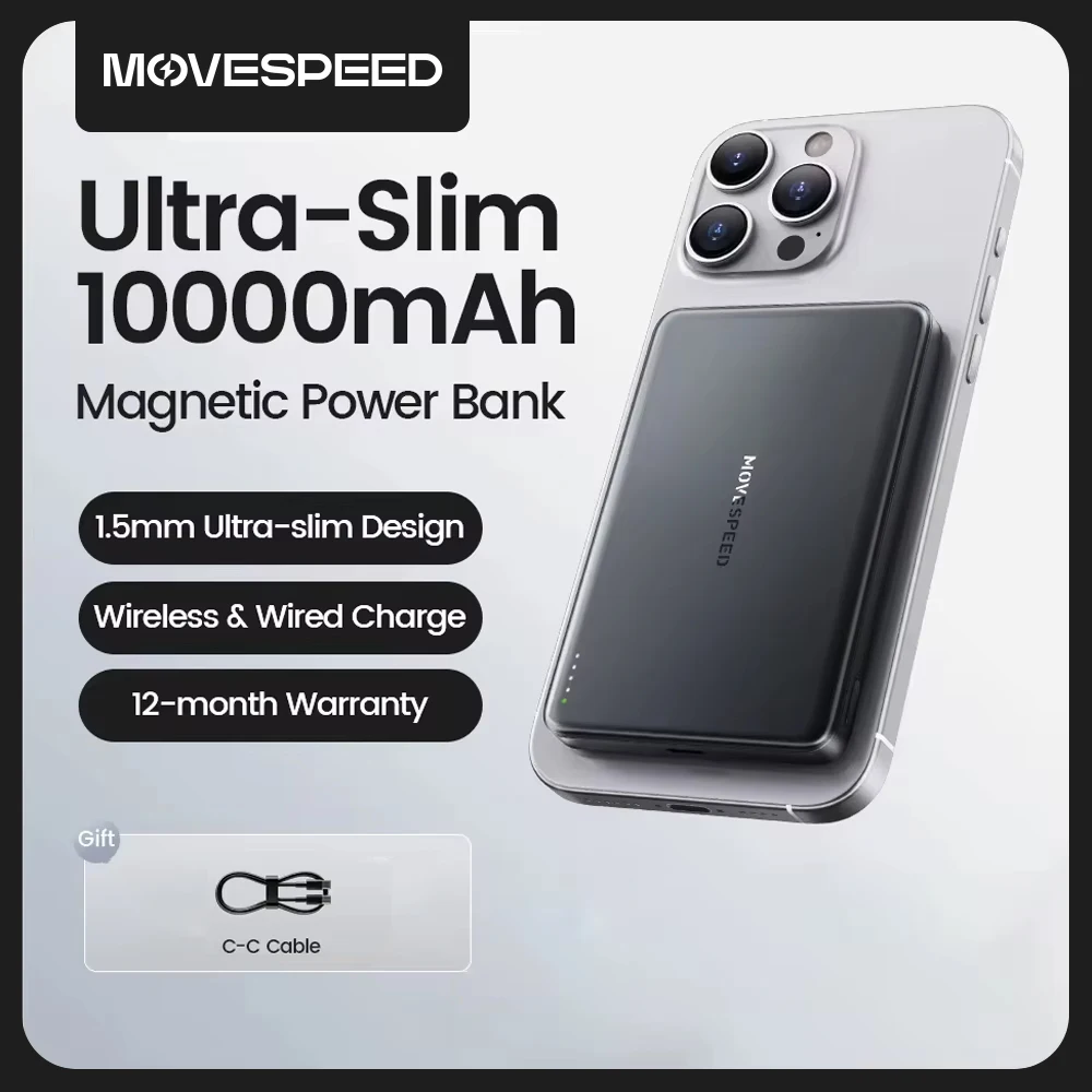MOVESPEED S10 بنك الطاقة المغناطيسي النحيف 10000mAh PD20W شاحن محمول بطارية خارجية لاسلكية آيفون 16 سامسونج Powerbank