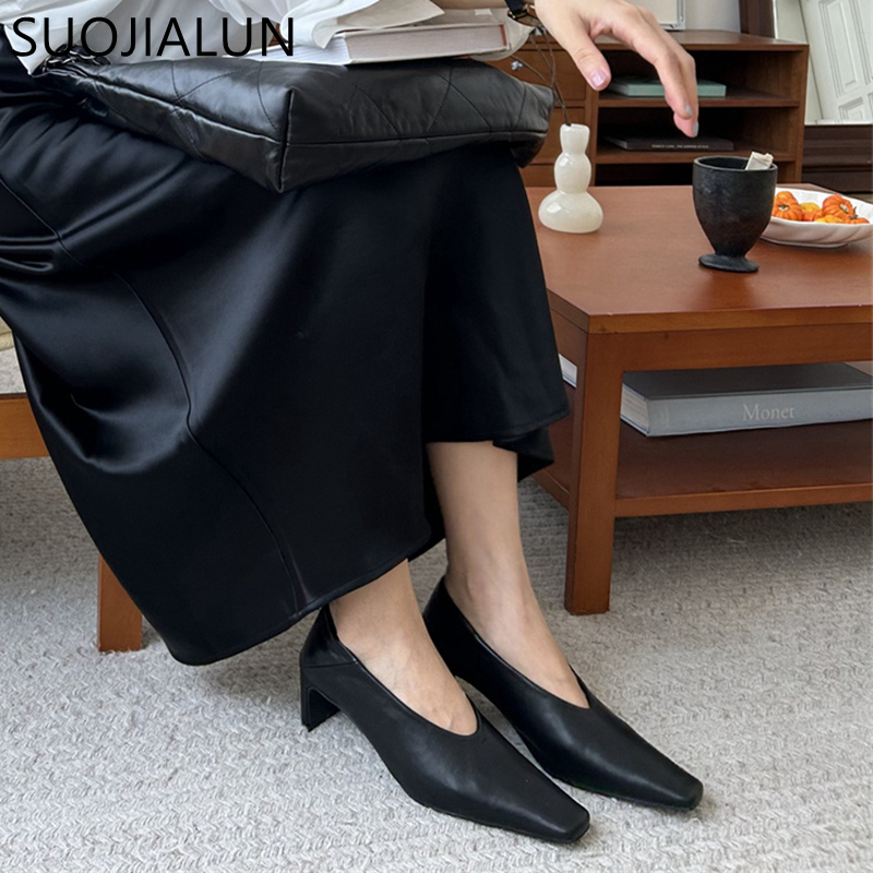 SUOJIALUN الخريف النساء مضخات أحذية موضة الضحلة الانزلاق على السيدات أنيقة حذا فردي للسيدات مربع عالية الكعب فستان في الهواء الطلق مضخات