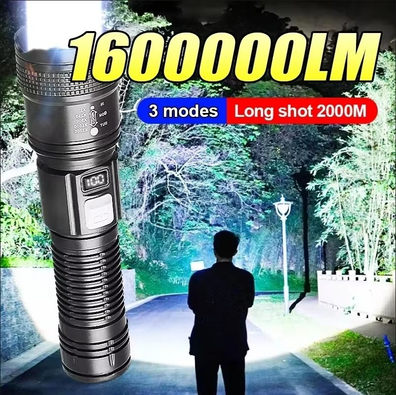 1600000   LM مصباح يدوي فائق السطوع USB قابل لإعادة الشحن LED طويل المدى الشعلة التكتيكية في الهواء الطلق مقاوم للماء التخييم الصيد فانوس