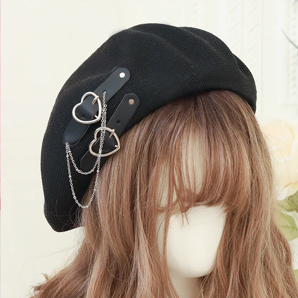 اليابانية القبعات Harajuku Y2 موضة لوليتا قبعة JK قبعة فتاة قبعة لطيف بولي Chain سلسلة القلب الحب الصوف Kawaii النساء قبعة اكسسوارات