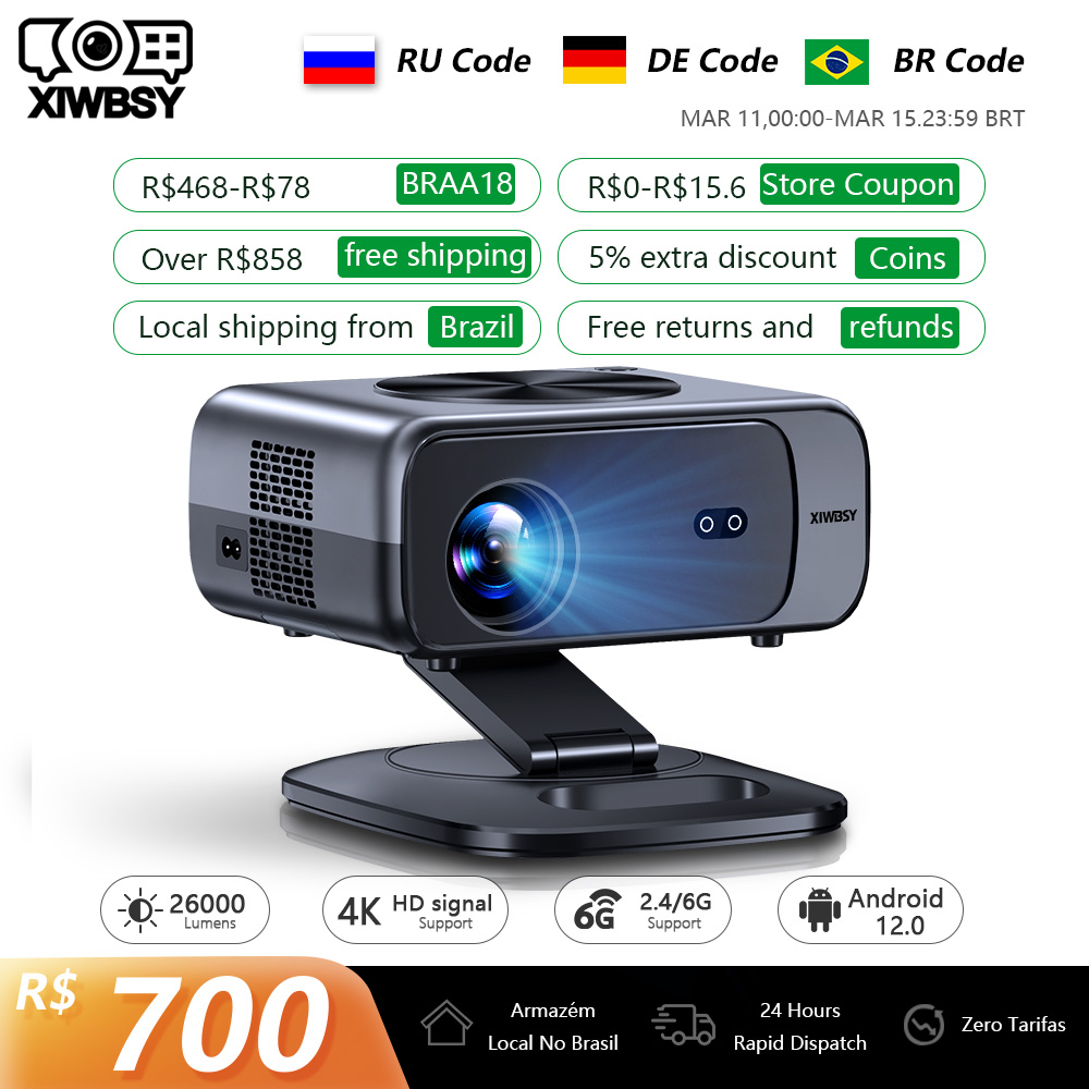 جهاز عرض XIWBSY بدقة 4K وسطوع 26000 لومن مع واي فاي 6G وتركيز تلقائي، جهاز عرض أندرويد تي في للمسرح المنزلي، يدعم HDR ومشاهدة فيديو بدقة 8K في ضوء النهار