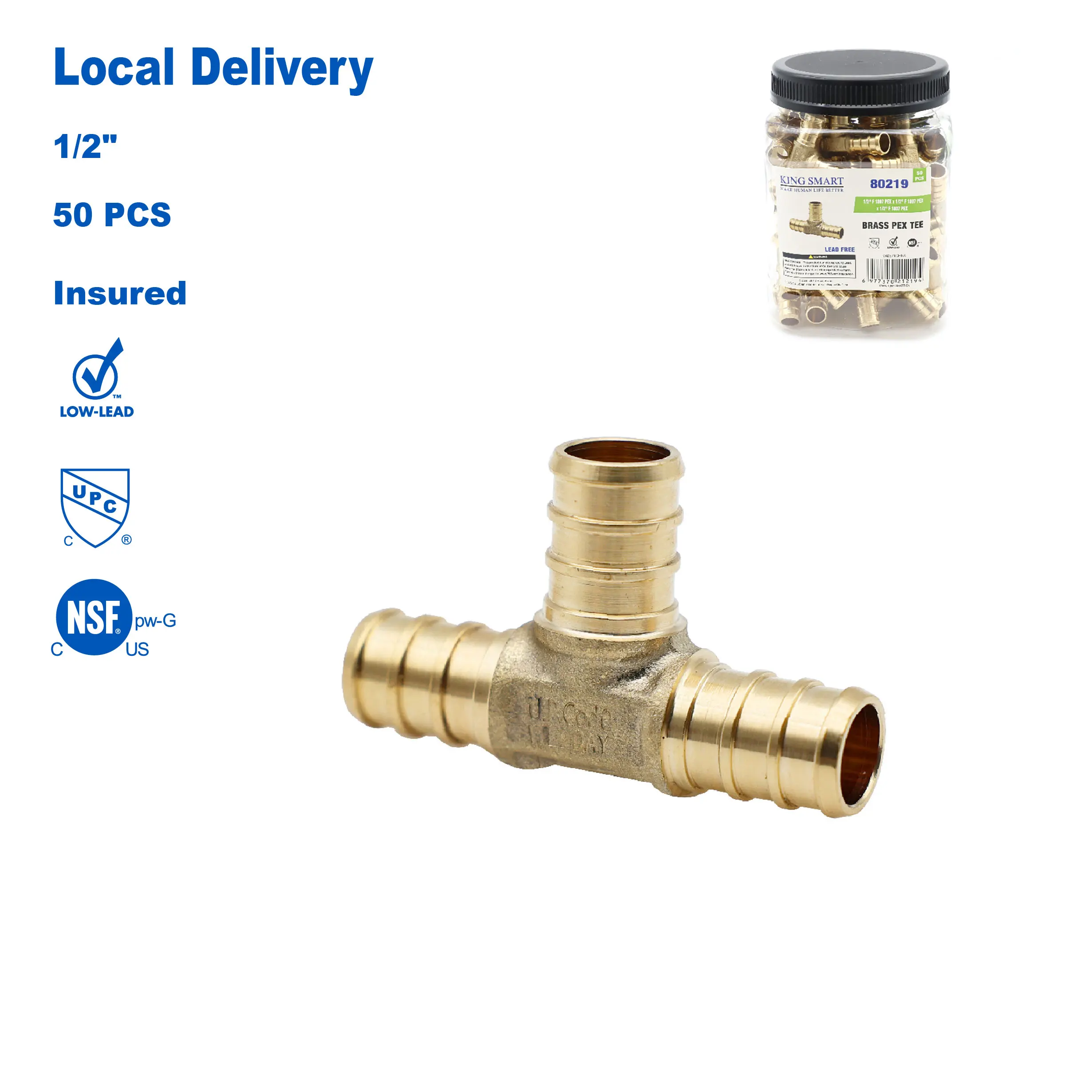 تي شيرت KING SMART مقاس 1/2 بوصة Crimp PEX؛ نحاس خالٍ من الرصاص؛ 50 قطعة/علبة؛ 80219