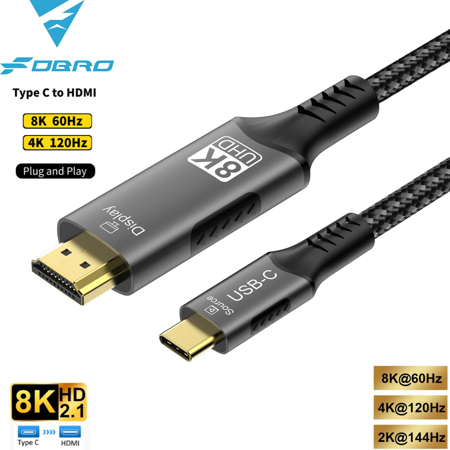 كابل USB C إلى HDMI 8K@60 هرتز 4K@120 هرتز من النوع C إلى كابل HDTV متوافق مع HDMI لمحول التلفزيون MacBook Air iPad USB-C HDMI