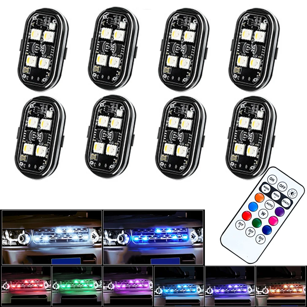 1-8 قطعة LED اللاسلكية ستروب أضواء سيارة ديكور مصباح لتهيئة الجو 8 ألوان قابلة للشحن Led أضواء المضادة للتصادم LED تحذير ضوء