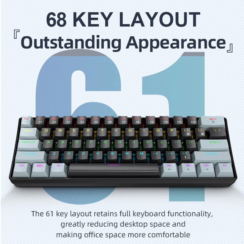 لوحة مفاتيح ميكانيكية صغيرة من APAYADO K61، سلكية، 61 مفتاحًا، فانتوم RGB، مفتاح ميكانيكي أسود/أبيض أحمر/أزرق للألعاب، محمول بنسبة 60%