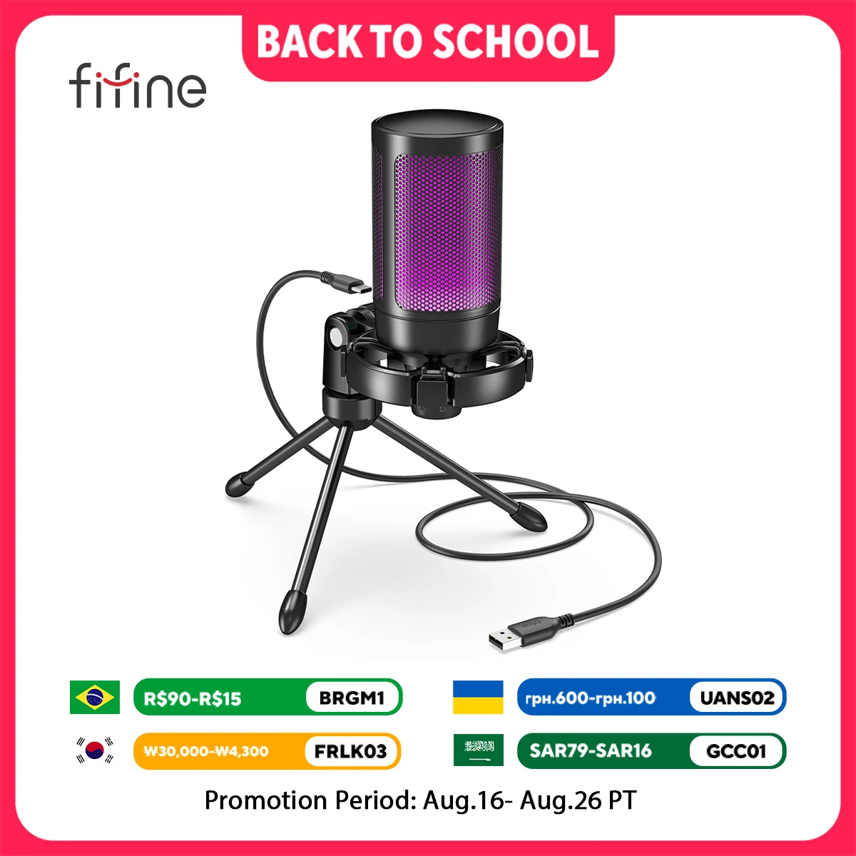 ميكروفون ألعاب AmpliGame من FIFINE RGB USB مع كتم صوت يعمل باللمس الخفيف، ميكروفون مكثف مع حامل ثلاثي القوائم للكمبيوتر الشخصي، PS4/5، بث الكمبيوتر المحمول-A2