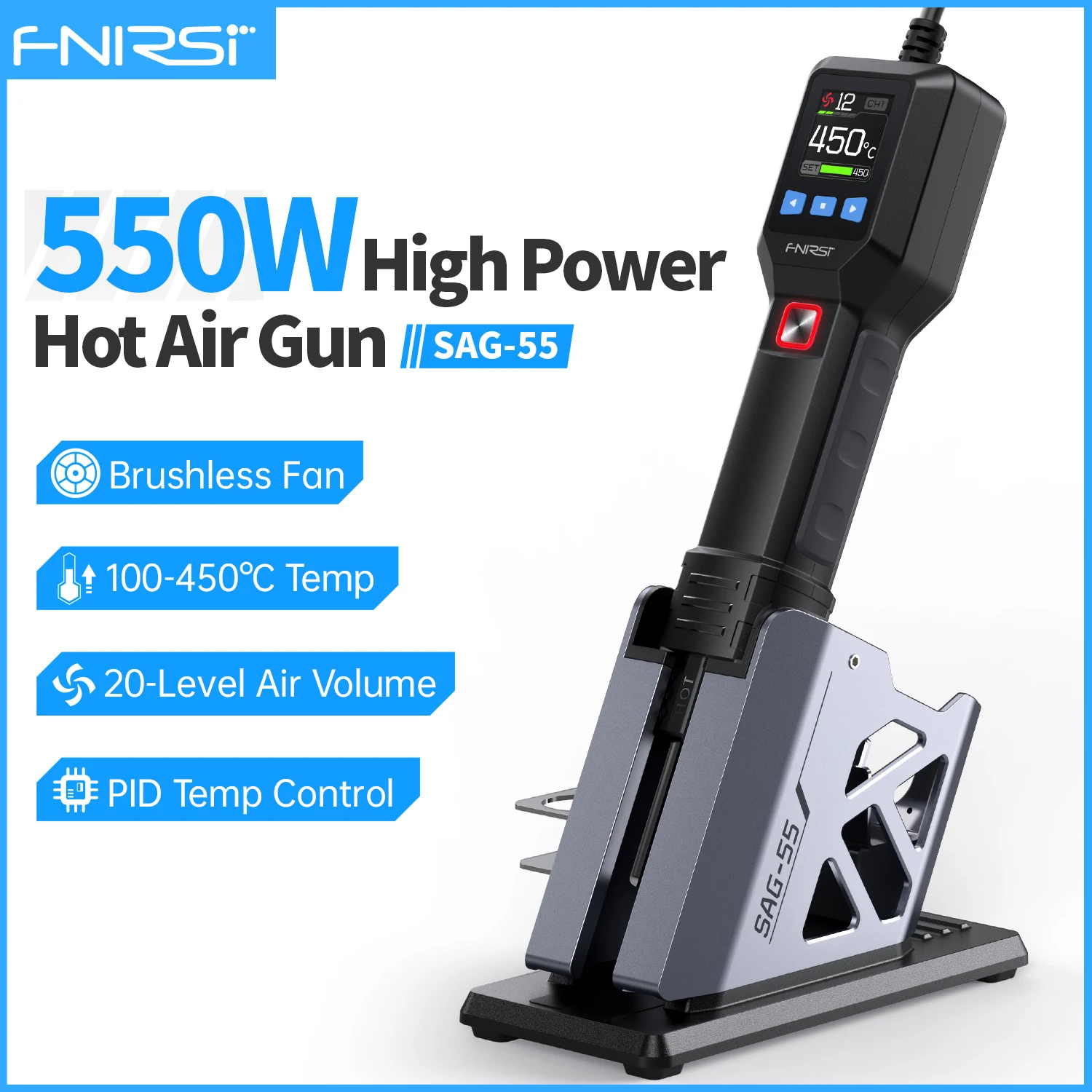 FNIRSI SAG-55 مايكرو مسدس هواء ساخن 550 واط مع حامل بغا إعادة العمل LCD مجفف الشعر الرقمي لحام الحرارة بندقية لأدوات إصلاح اللحام