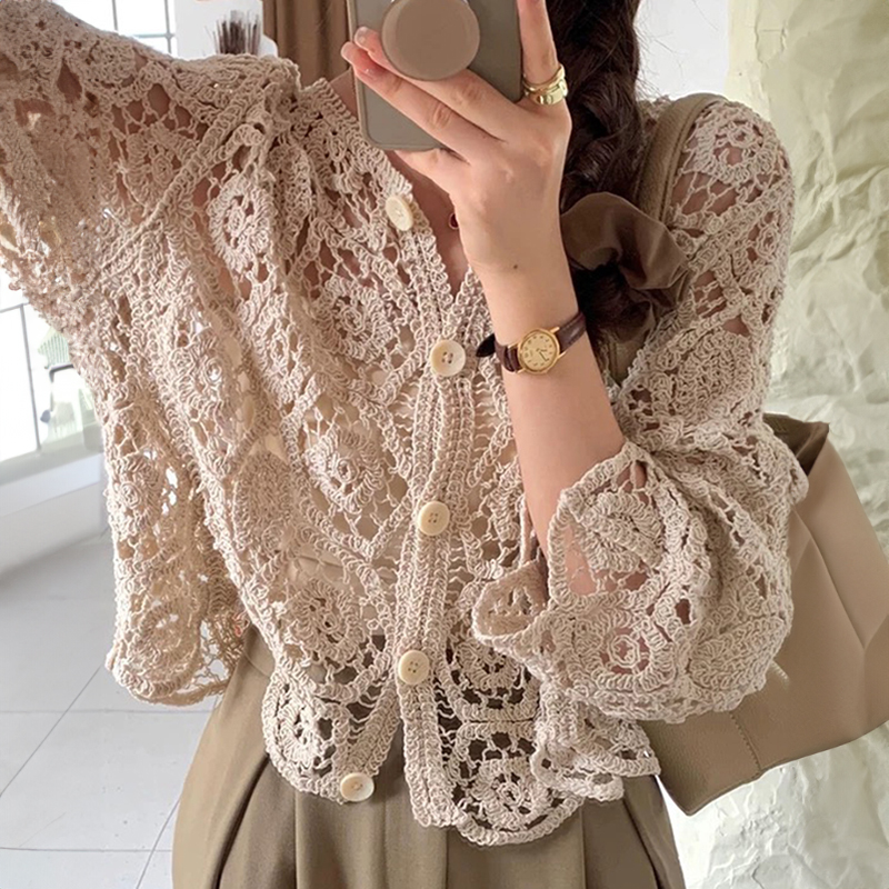 طويلة الأكمام الكروشيه متماسكة أعلى بيكيني للشاطئ التستر زر متابعة سترة بلوزة المرأة blusas الفقرة mujer عطلة بوهو الزي