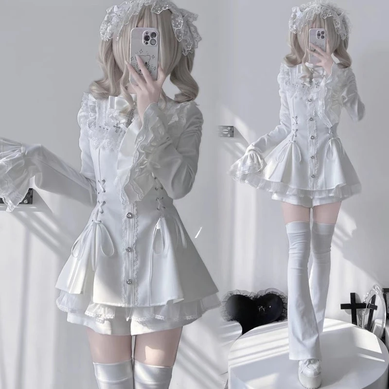 اليابانية القوطية لوليتا فستان مجموعة النساء Harajuku Y2k القوس الدانتيل الكشكشة طوق فساتين صغيرة الإناث أنيقة فستان حفلة لطيف