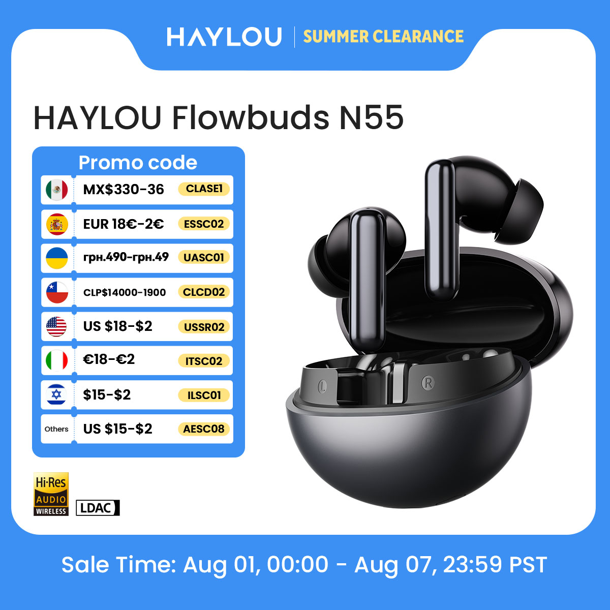 سماعات أذن لاسلكية HAYLOU Flowbuds N55 مع خاصية إلغاء الضوضاء التكيفية 54 ديسيبل، بلوتوث 6.0، صوت عالي الدقة LDAC، 6 ميكروفونات للمكالمات عالية الجودة، تشغيل لمدة 40 ساعة، مقاومة للماء IPX5