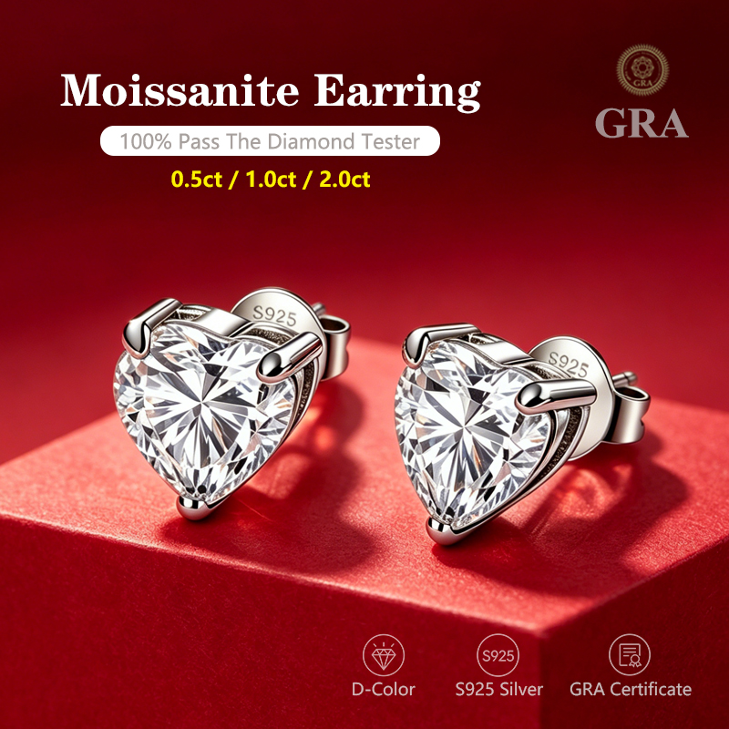 أقراط موسانيت على شكل قلب 0.5~2.0 قيراط من الفضة عيار 925 مع شهادة GRA، مجوهرات زفاف أنيقة، هدية لحفلات العرائس