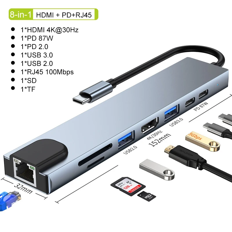 محول USB C متعدد الوظائف 8 في 1، 7 في 2، 7 في 1 من النوع C 3.1 إلى HDMI 4K مع منفذ RJ45 وقارئ بطاقات SD/TF وشحن سريع PD لأجهزة ماك بوك والكمبيوتر المحمول