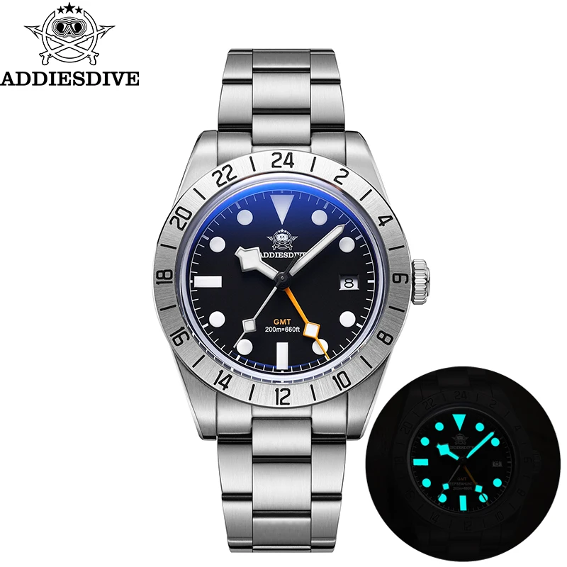 Addiesdive العلامة التجارية الأعلى 39 مللي متر كوارتز GMT الساعات 20Bar مقاوم للماء مضيئة فقاعة مرآة الرياضة ساعة زجاجية للرجال Relogio Masculino