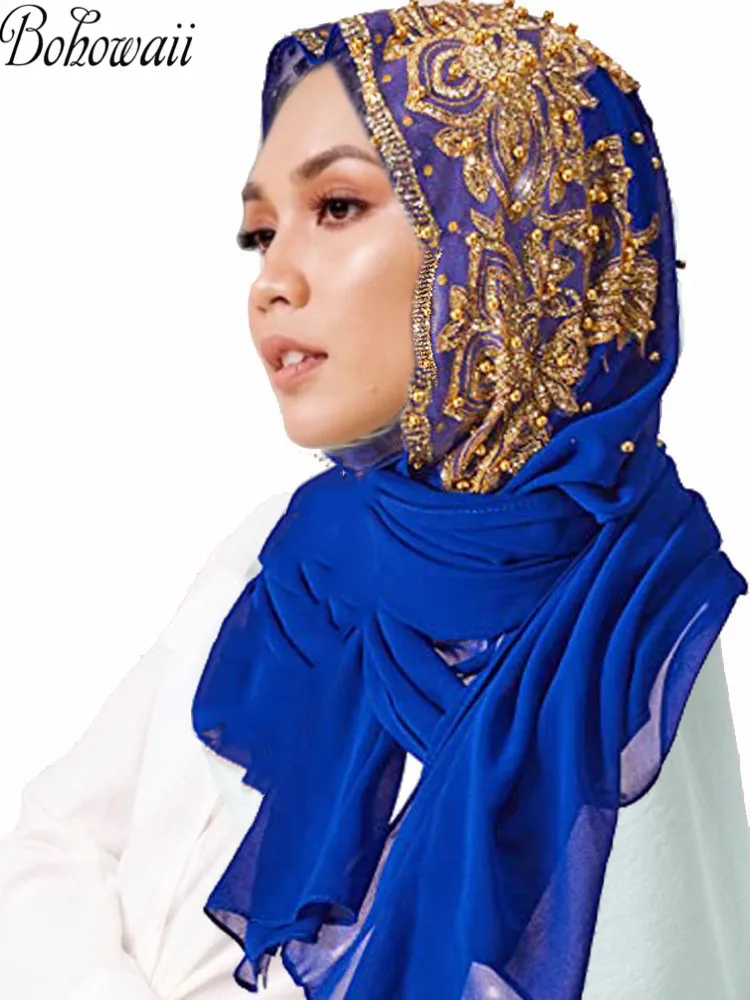 حجاب شيفون إسلامي وشاح عمامة ذهبي لامع خرز حجاب للمرأة رمضان فولارد Musulmane صب فام حجاب طويل