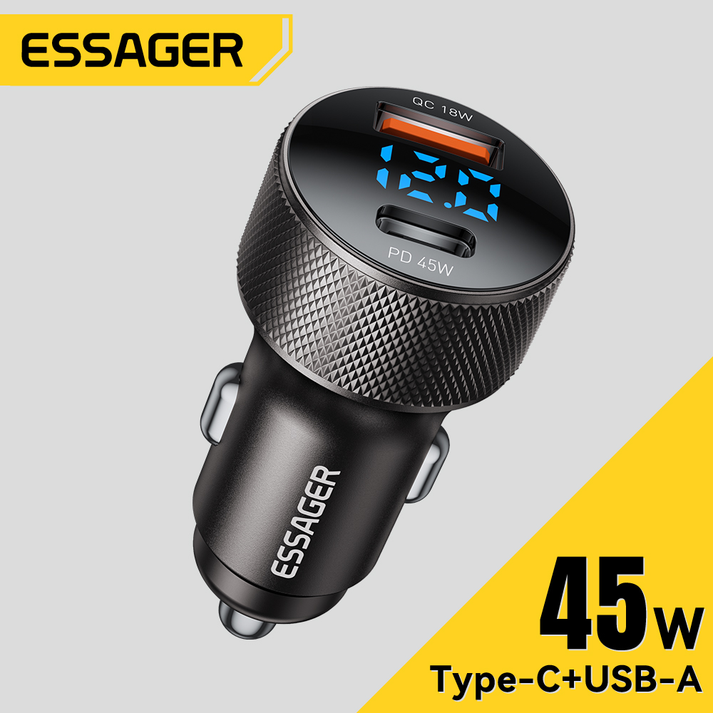 Essager USB C شاحن سيارة 45 واط 2 منافذ PD3.0 QC3.0 شاشة ديجيتال شاحن هاتف السيارة آيفون 16 15 شاومي هواوي سامسونج ممن لهم